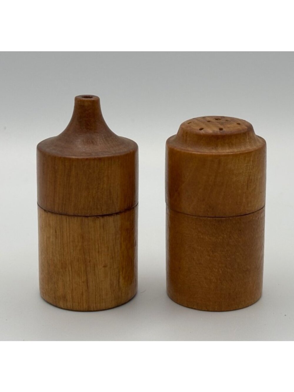 Vintage Wooden Salt Pepper Shakes MCM Bottle Cruet Shape Turned Wood
